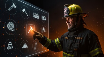 Caucasian man, a firefighter, interacts with a virtual screen displaying firefighting tools and equipment icons. Digital safety concept for fire rescue.