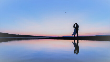 Couple embracing at sunset by the lake with reflections in water  