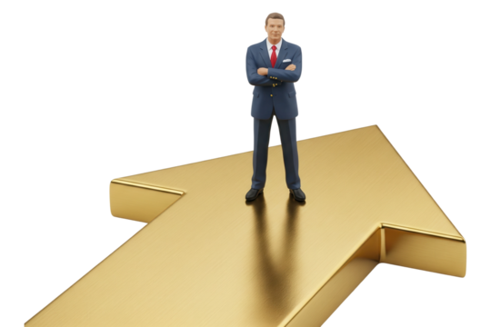 Businessman in blue suit standing confidently on large golden arrow pointing upward