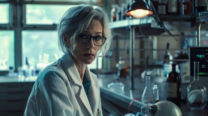 Science and Technology concept, A female researcher working in a laboratory, A scientist conducting research in a modern laboratory, There is a lab in the background.