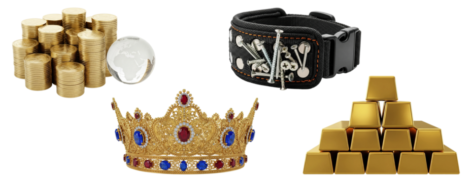 Stacks of gold coins with globe, black leather bracelet with metal studs, jeweled golden crown, and gold bars