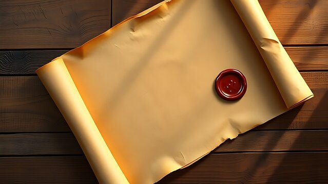 Ancient parchment scroll with wax seal, evoking historical documents on a rustic wooden surface.