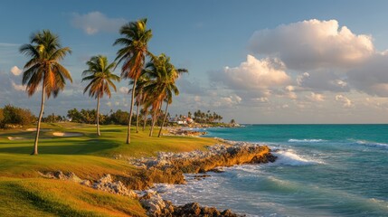 Fototapeta premium Serene Coastal Golf Course at Sunset with Palm Trees and Gentle Waves in Tropical Paradise