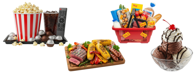 Movie snacks with popcorn and drinks, grilled meat and vegetables platter, shopping basket with groceries on sale, and chocolate ice cream sundae