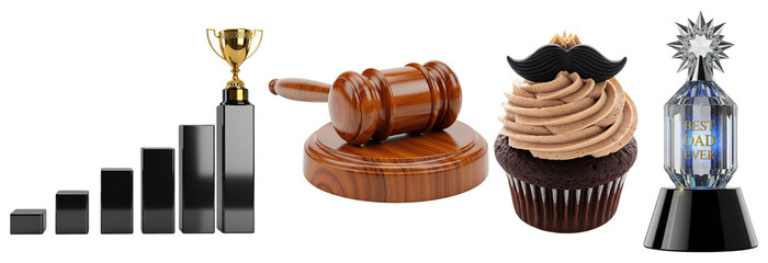 Growth chart with trophy, wooden judge gavel, chocolate cupcake with mustache decoration, and “Best Dad Ever” award trophy