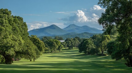 Serene Golf Course Landscape with Lush Greenery and Majestic Mountains in the Background Under a Clear Blue Sky