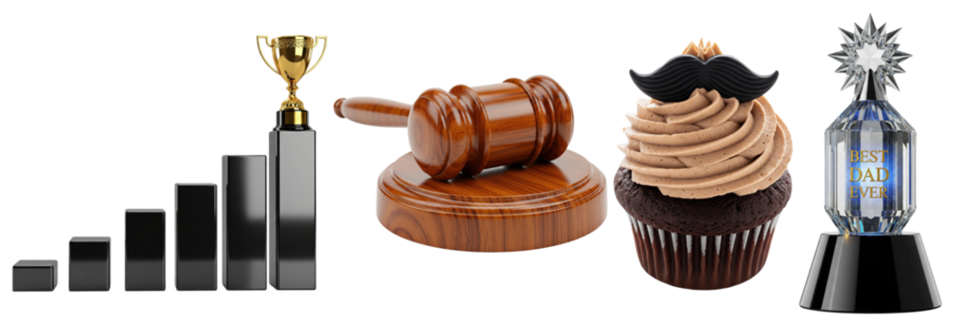 Growth chart with trophy, wooden judge gavel, chocolate cupcake with mustache decoration, and “Best Dad Ever” award trophy - Powered by Adobe
