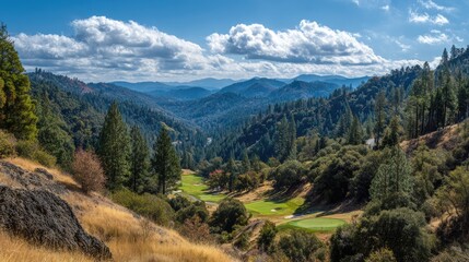 Obraz premium Serene Golf Course Surrounded by Lush Green Forests and Majestic Mountains Under a Bright Blue Sky