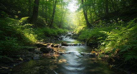 Serene Forest Stream Flowing Through Lush Greenery.