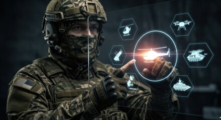 Military man operating holographic display for strategic planning. Soldier selecting tactical assets for combat missions. Future defense technology concept.