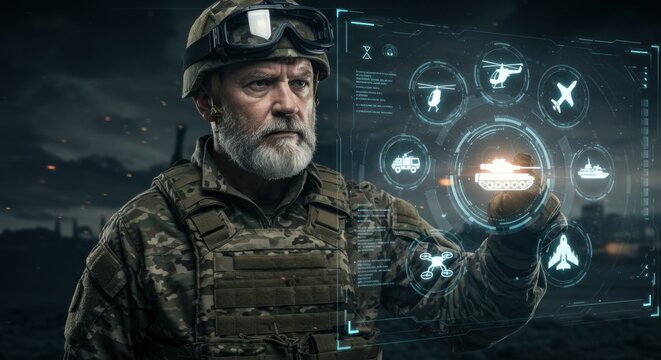 Military man in uniform interacting with digital interface. Soldier with virtual radar screen for modern army intelligence.