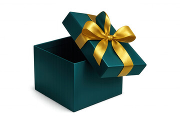 Teal gift box, golden ribbon, open lid against transparent backdrop, symbolizing present-giving moment
