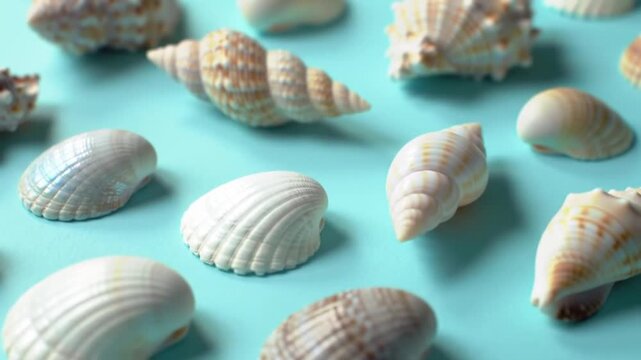 Seashells on blue background summer beach vacation ocean sea shells nature pattern