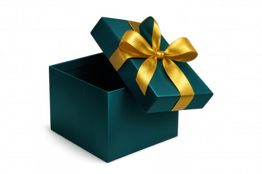 Teal gift box, golden ribbon, open lid against transparent backdrop, symbolizing present-giving moment