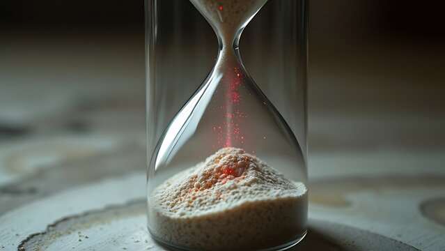 Translucent hourglass with memories as sand, some grains glowing red to signify cognitive health concerns.