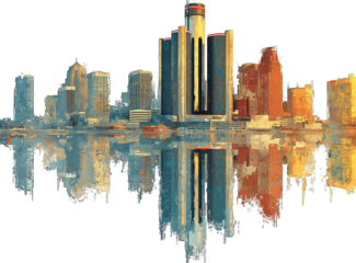 Detroit skyline reflected, stylized, abstract
