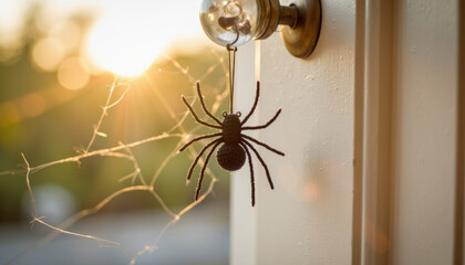 Spider hanging on door knob with sunlight and cobwebs in background  