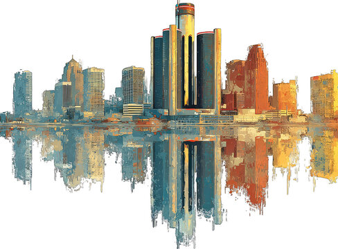 Detroit skyline reflected, stylized, abstract