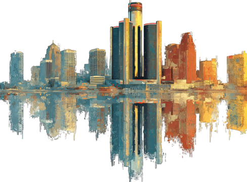 Detroit skyline reflected, stylized, abstract