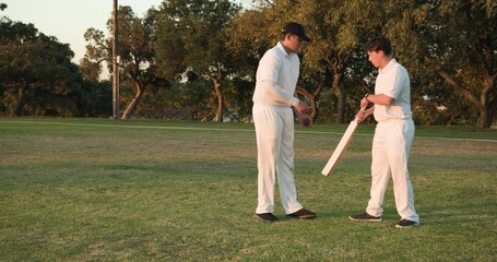 Male coach and student walking on cricket field teaching batting technique and testing balance