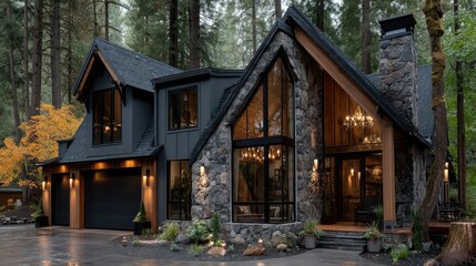 Modern cabin-style home nestled in woods