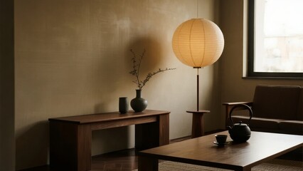 Minimalist Living Room with Wooden Furniture and Paper Lantern