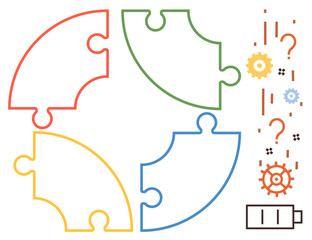 Four colored puzzle pieces forming a circle, interspersed with question marks, gears, and a battery icon. Ideal for concepts thumbs up problem-solving, teamwork, innovation, planning, energy
