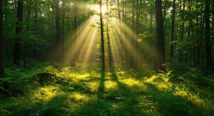 Naklejka premium Sunbeams Shining Through Forest Trees Nature Landscape Greenery.