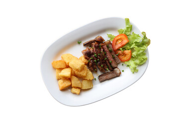 Grilled steak with fried cassava and fresh salad
