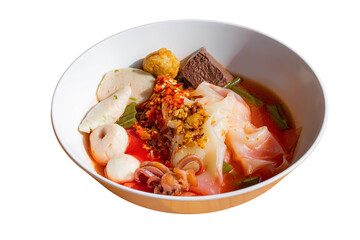 Thai yen ta fo noodle soup with seafood and chili
