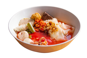 Thai yen ta fo noodle soup with seafood and chili
