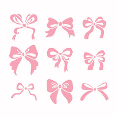 Hand Drawn Pink Bow Set. Curly Coquette Tied Ribbon Knot Silhouette Collection. Romantic Decorative Elements. Vector illustration