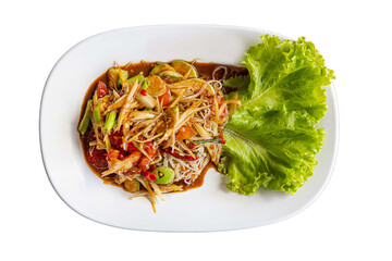 Spicy Thai papaya salad with noodles and lettuce

