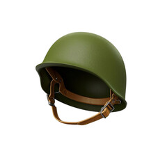 Naklejka premium Vintage olive drab military combat helmet with leather chin strap and liner isolated object transparent background