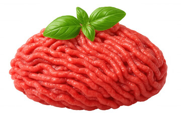 Obraz premium Fresh minced meat decorated with basil leaves, isolated on transparent background, ready for cooking