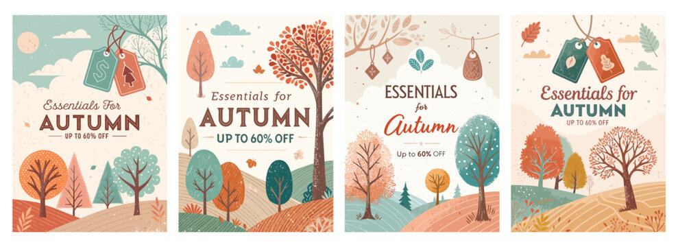 Four autumn sale banners featuring colorful foliage and discount tags in a cheerful seasonal design.