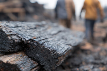 Naklejka premium Burnt wood close up with workers in background, creating rustic atmosphere