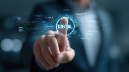 Digital Touch: A close-up shot captures a person's finger poised to activate a holographic digital interface, symbolizing modern technology and innovation. 