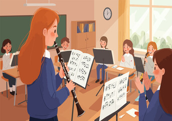 A Young Teacher Guides Her Students in a Lively Music Class, Fostering a Passion for the Clarinet and Harmony in a Bright, Sunlit Classroom Setting
