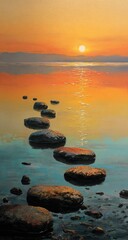 Sunrise over a tranquil lake, stones leading to horizon
