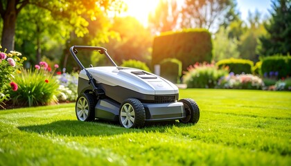 Modern Lawn Mower in a Lush Garden Setting