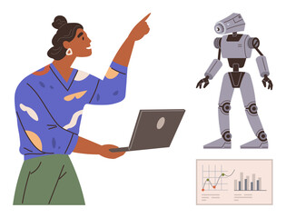 Woman with laptop pointing upward, robot prototype standing nearby, data chart in the foreground. Ideal for AI development, robotics, technology, innovation, education research teamwork. Simple