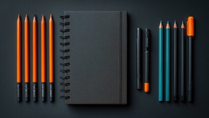 Flat lay of stationery items. Dark orange pencils, teal and black colored pencils, a black pen and marker, arranged around a blank black notebook