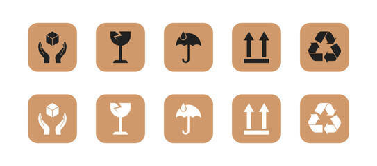 Packing icon set. Fragile, take care, keep dry and upward symbols. Vector EPS 10