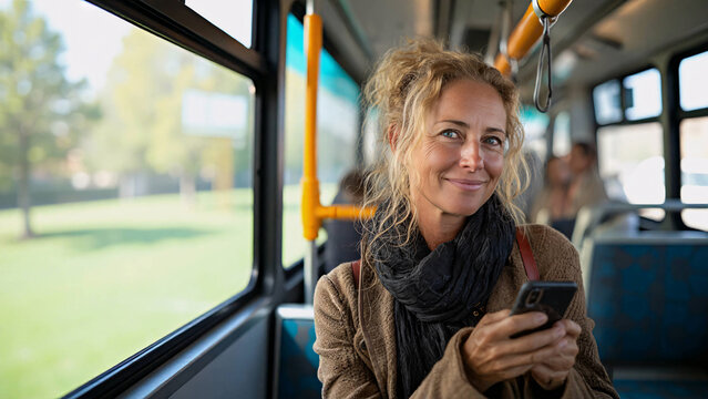 A woman is happily using her mobile phone on a bus, enjoying her commute with a smile. She is sitting near a window, with other passengers and a green environment visible outside