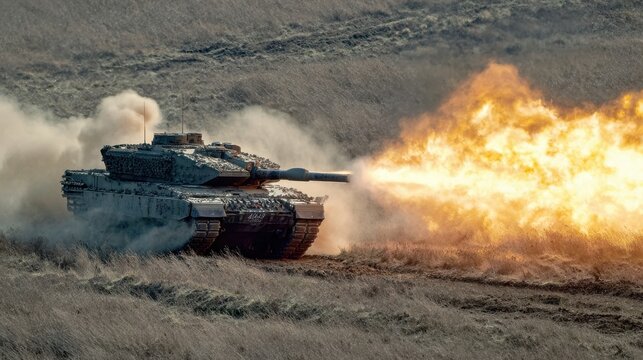 A military tank engages in a live-fire exercise, releasing a burst of flames from its cannon amidst a field of tall grass and dust clouds under an overcast sky