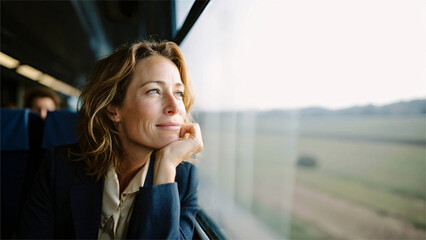 A woman with her hand on her chin gazes out the window on the train, lost in thought. The scene captures a sense of reflection and anticipation