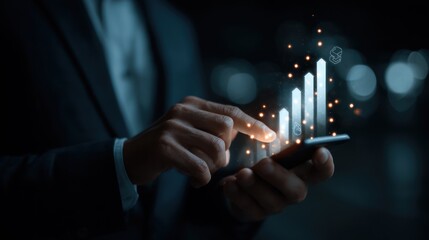Analyzing Business Data: An executive delves into financial data via smartphone, visualizing growth and insights within a dark, professional environment.