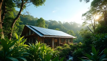 Eco-Lodge Roof with Solar Energy Panels in Rainforest