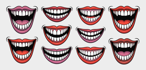 Collection of scary grinning mouths with sharp teeth
